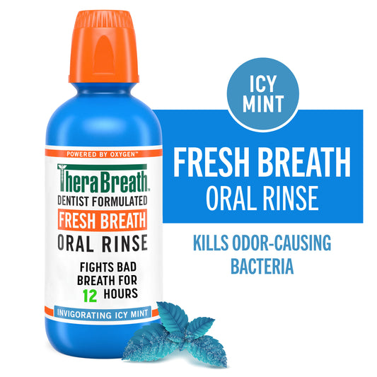 A bold blue bottle of TheraBreath Fresh Breath Oral Rinse Invigorating Icy Mint that kills odor-causing bacteria on a white background.